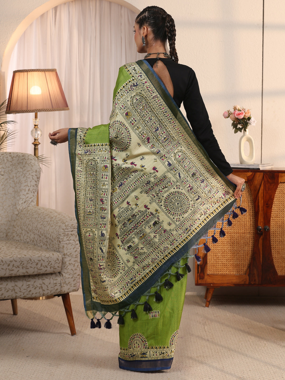 Libas Green Warli Printed Silk Blend Tassel Saree