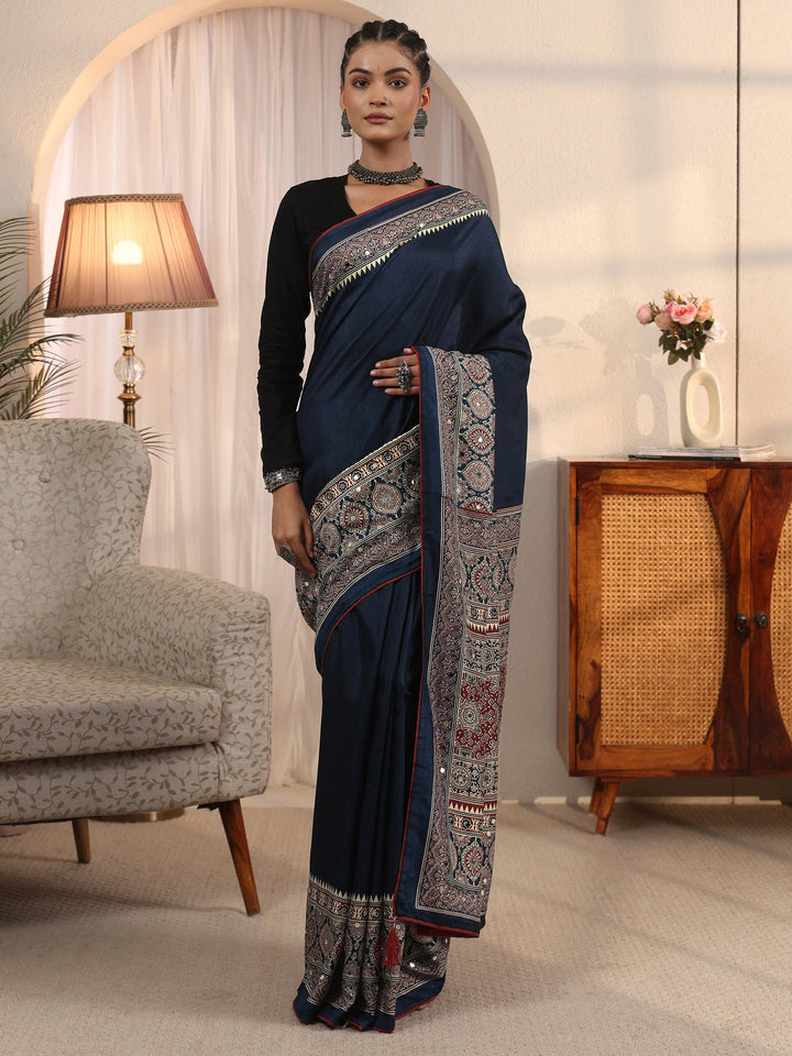 Libas Purple Ajrakh Printed Silk Blend Saree