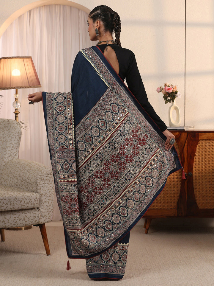 Libas Purple Ajrakh Printed Silk Blend Saree