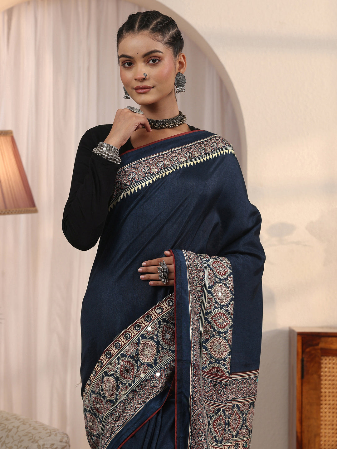 Libas Purple Ajrakh Printed Silk Blend Saree
