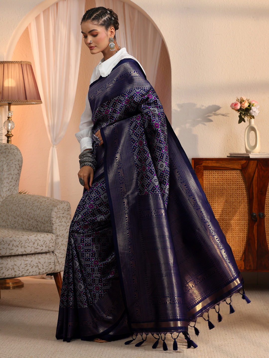 Libas Art Navy Blue Brocade Tassel Saree