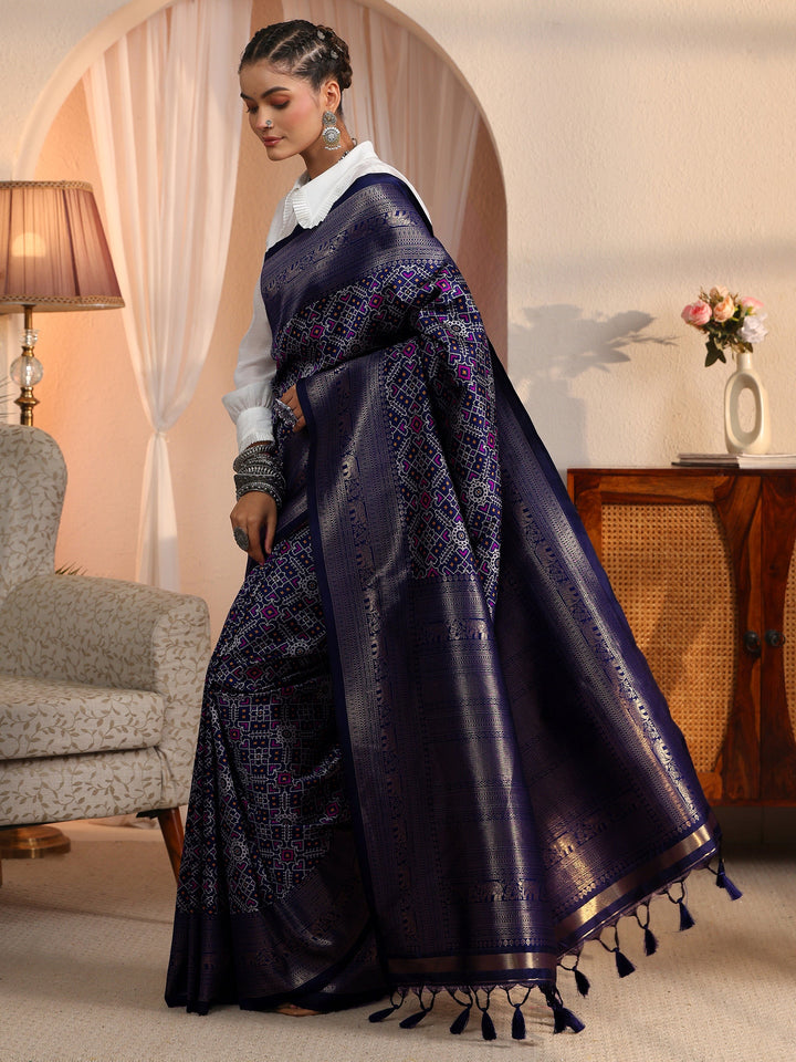 Libas Art Navy Blue Brocade Tassel Saree
