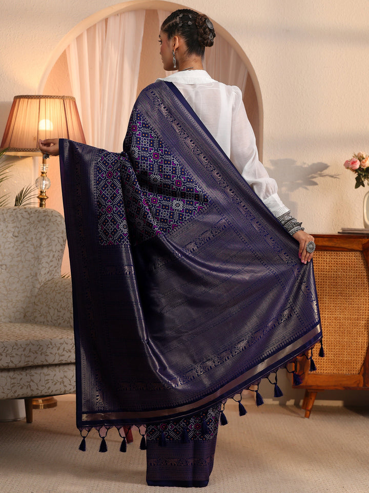Libas Art Navy Blue Brocade Tassel Saree