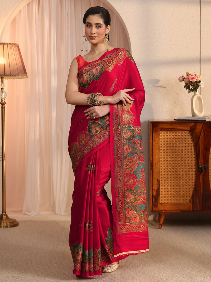 Libas Red Mughal Printed Silk Saree