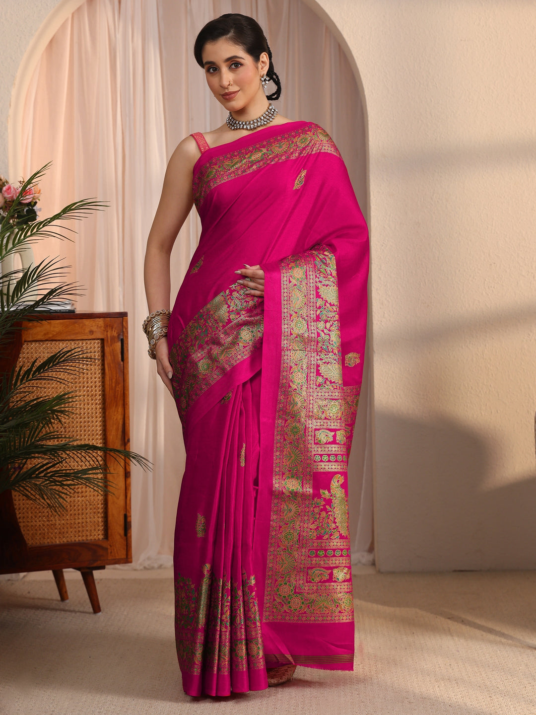 Libas Fuchsia Pink Floral Printed Silk Saree