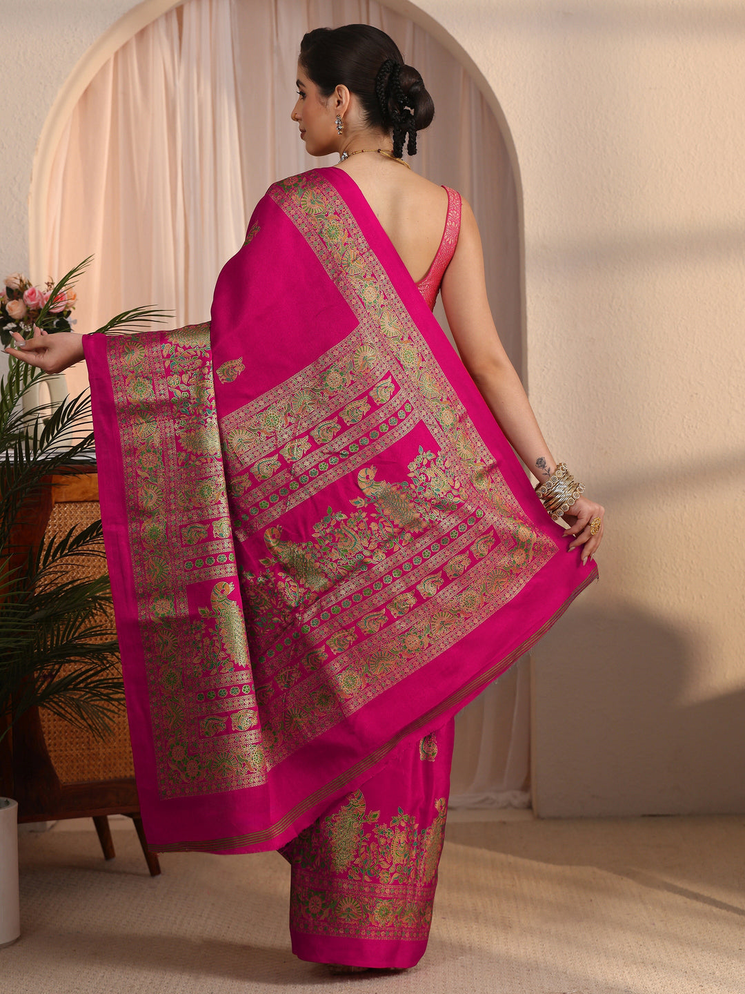 Libas Fuchsia Pink Floral Printed Silk Saree