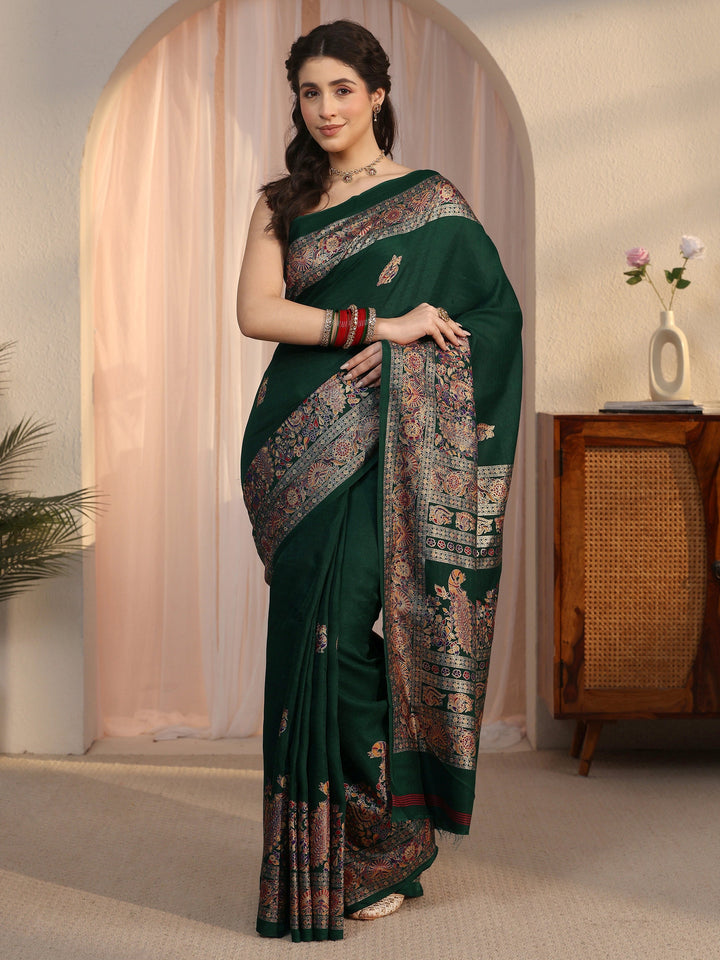 Libas Dark Green Peacock Printed Silk Saree