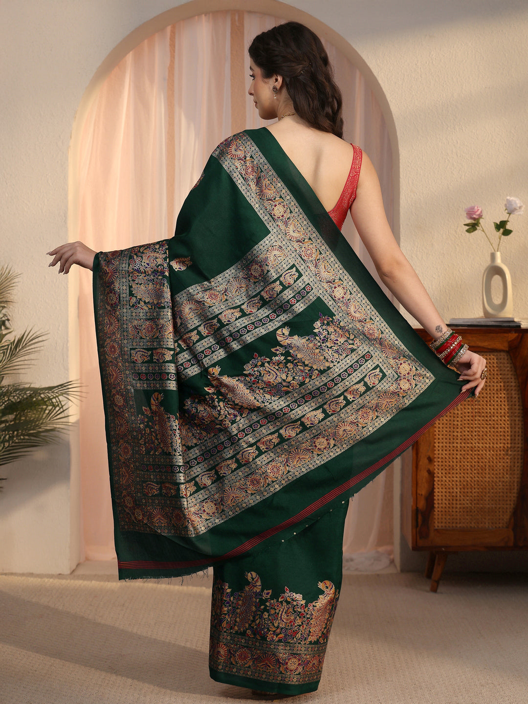 Libas Dark Green Peacock Printed Silk Saree