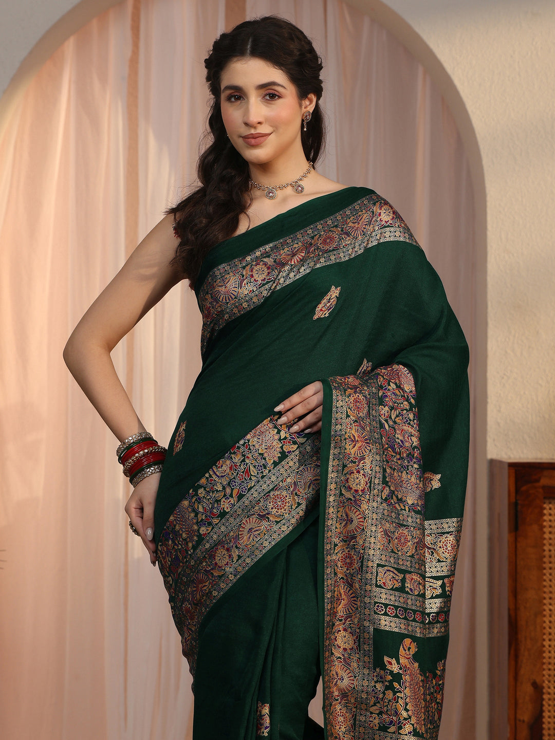 Libas Dark Green Peacock Printed Silk Saree
