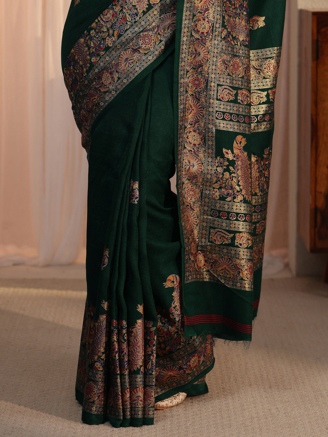 Libas Dark Green Peacock Printed Silk Saree