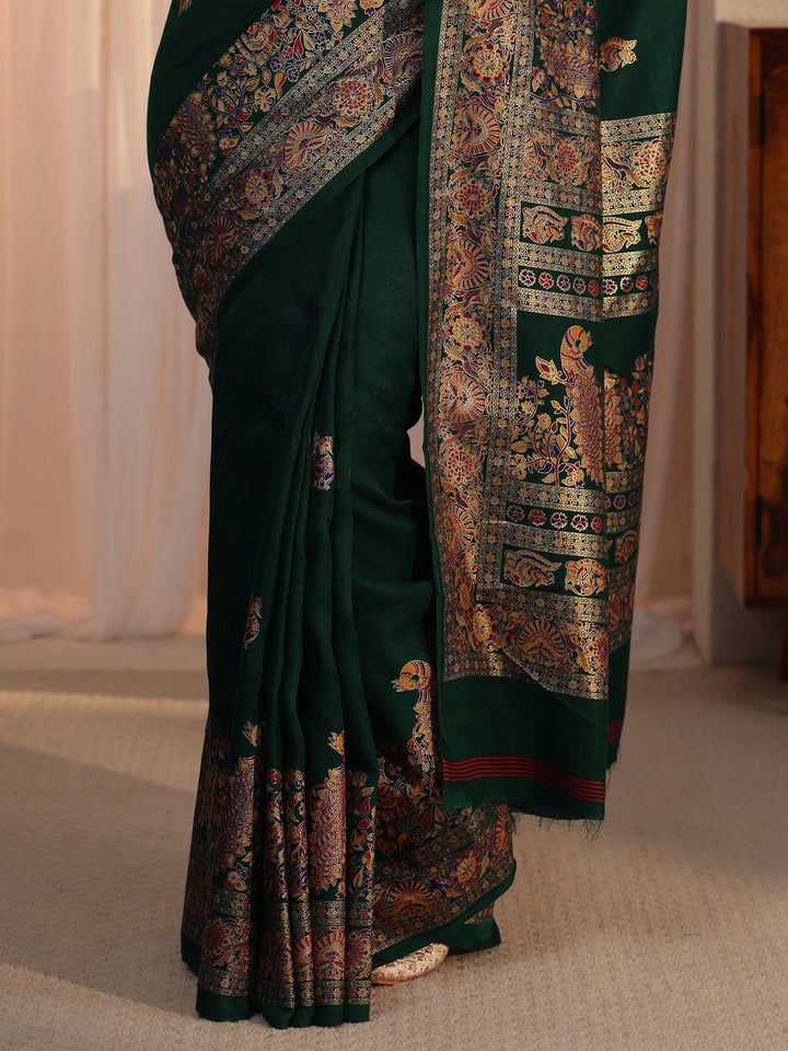 Libas Dark Green Peacock Printed Silk Saree