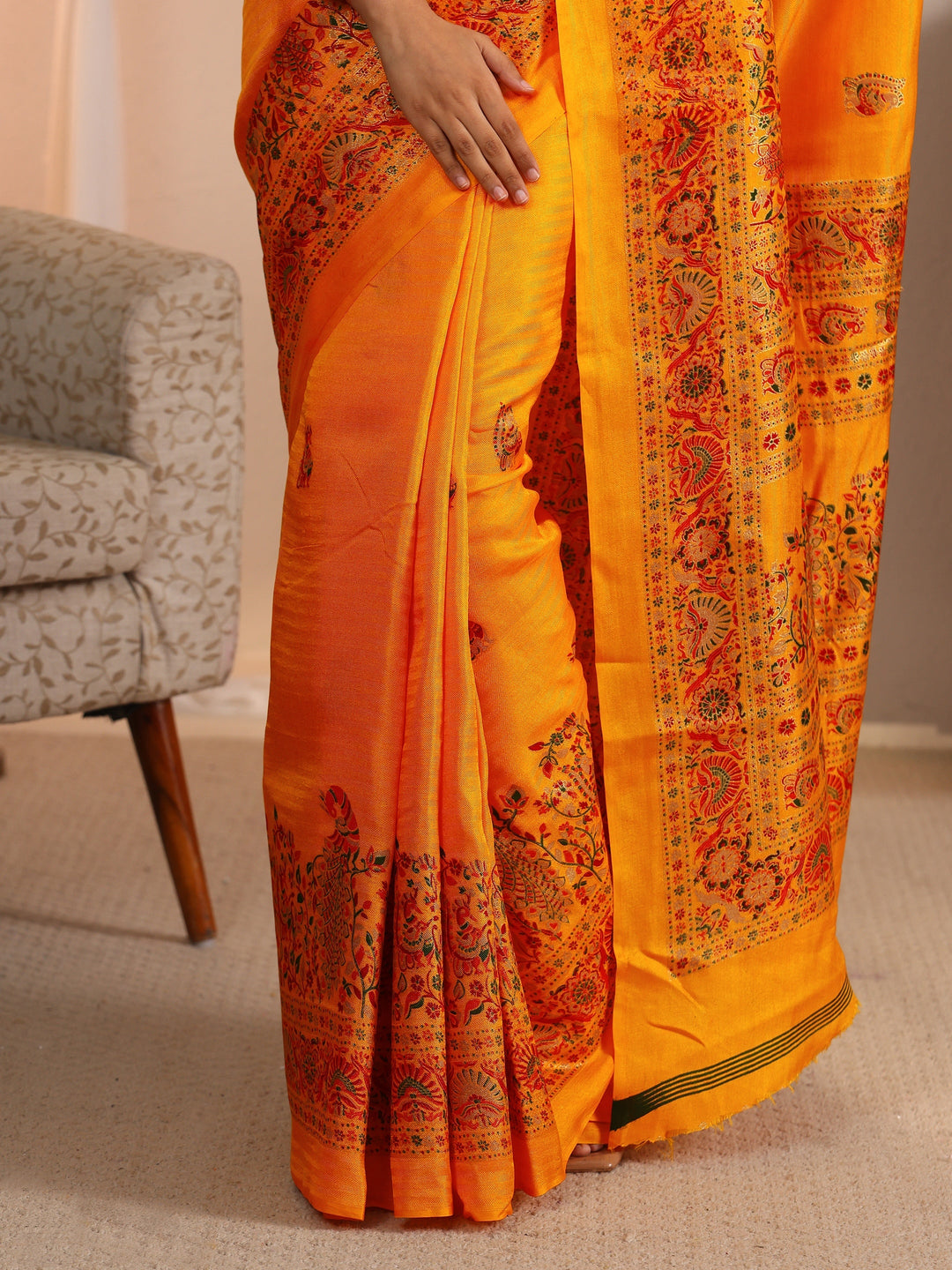 Libas Mustard Floral Printed Silk Saree