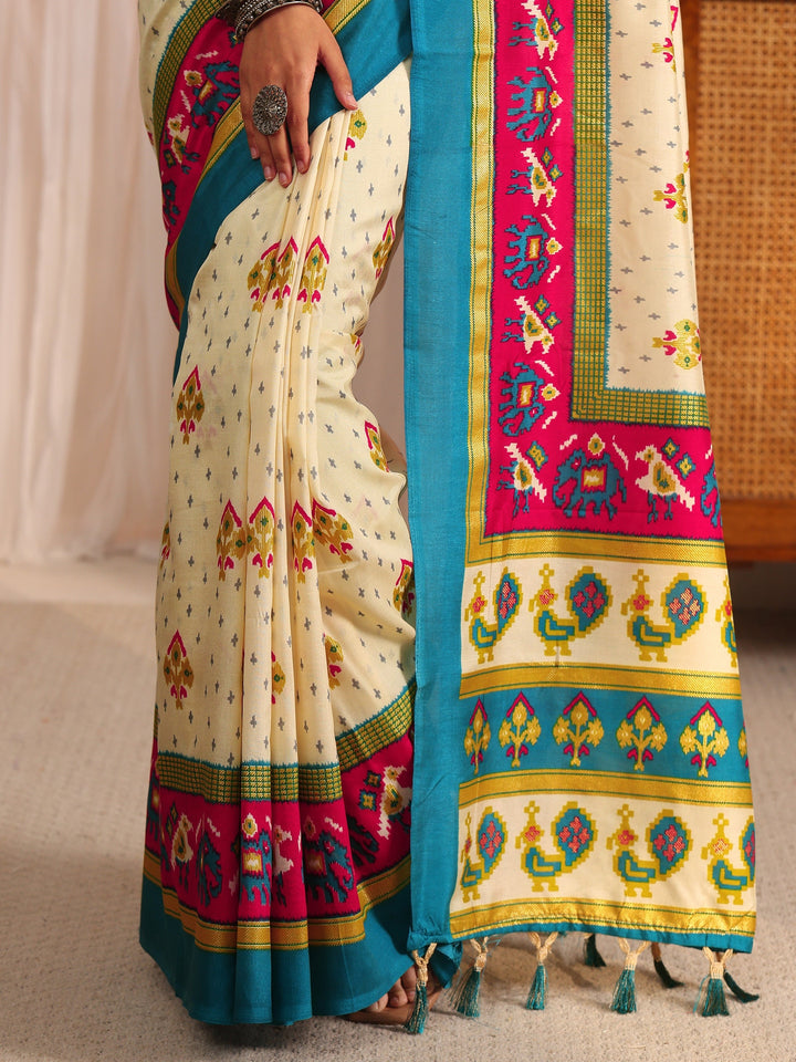 Libas Cream Patola Printed Silk Blend Saree