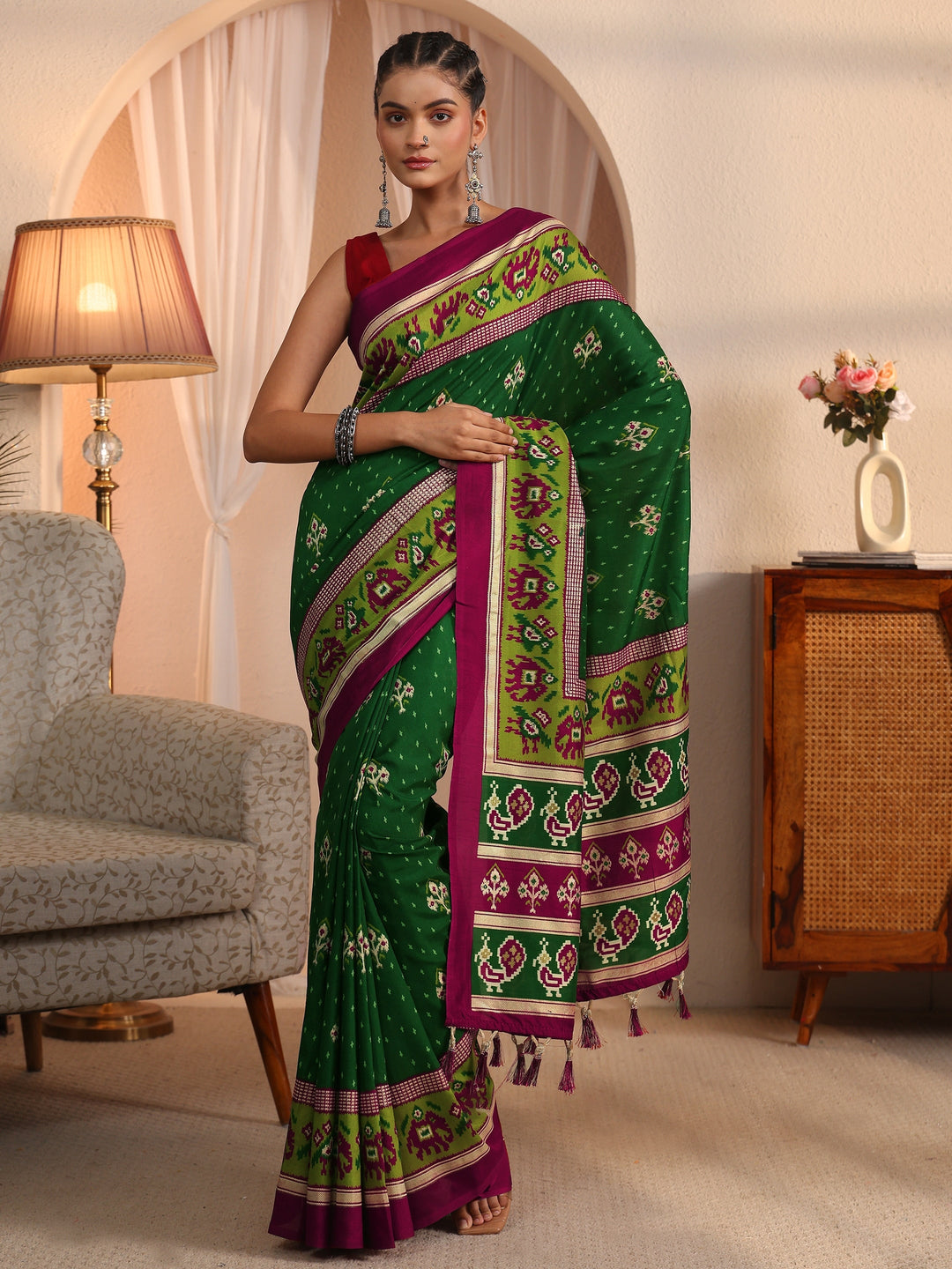 Libas Green Patola Printed Silk Blend Saree
