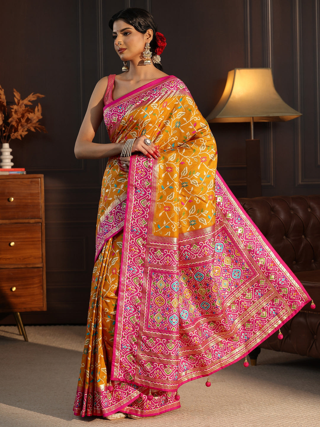 Libas Mustard and Pink Floral Printed Silk Blend Saree
