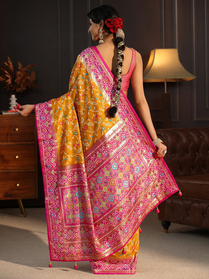 Libas Mustard and Pink Floral Printed Silk Blend Saree
