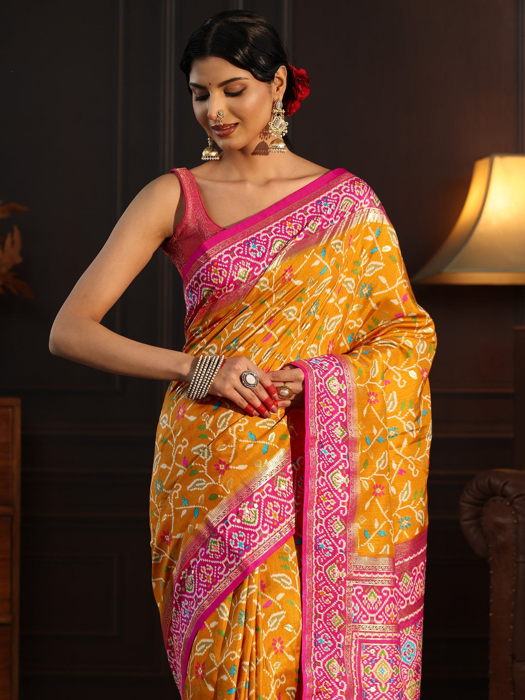 Libas Mustard and Pink Floral Printed Silk Blend Saree