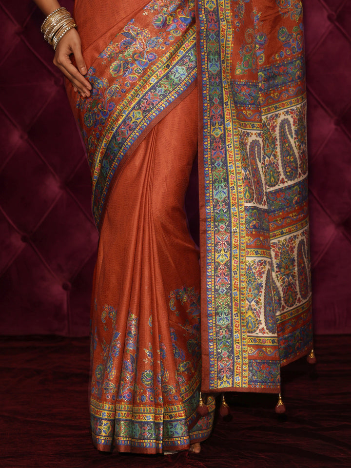 Libas Rust Brown Printed Silk Blend Saree With Paisley Border