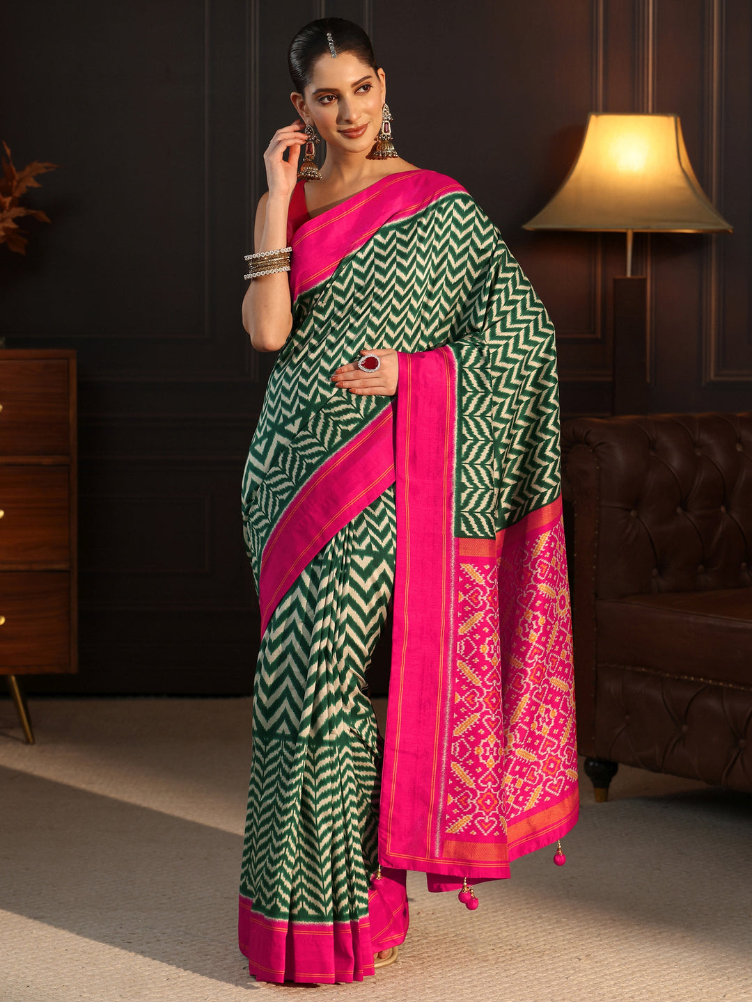 Libas Green and Pink Chevron Printed Silk Blend Saree