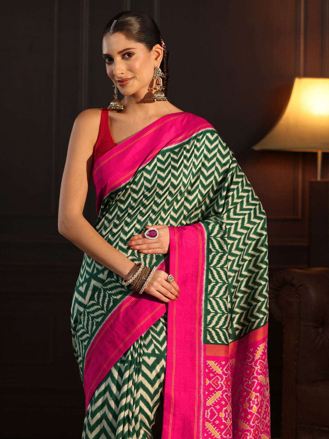 Libas Green and Pink Chevron Printed Silk Blend Saree