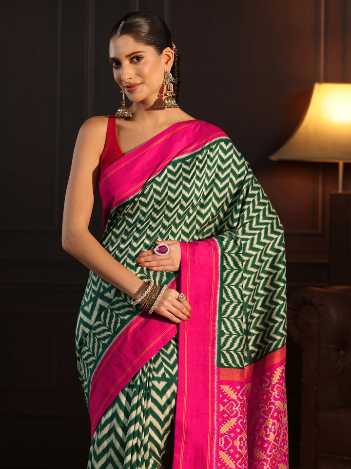 Libas Green and Pink Chevron Printed Silk Blend Saree