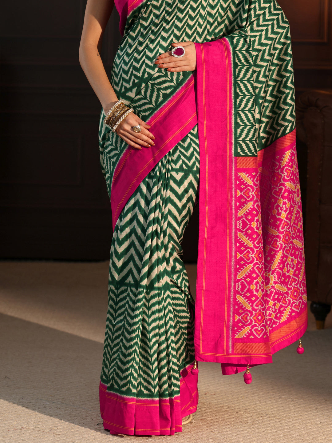 Libas Green and Pink Chevron Printed Silk Blend Saree
