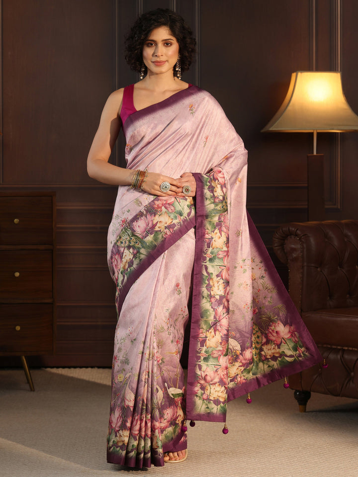 Libas Purple Botanical Printed Silk Blend Saree
