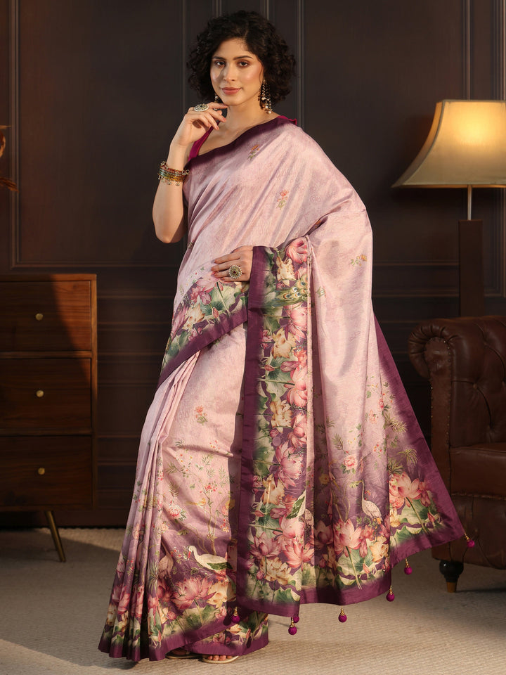 Libas Purple Botanical Printed Silk Blend Saree