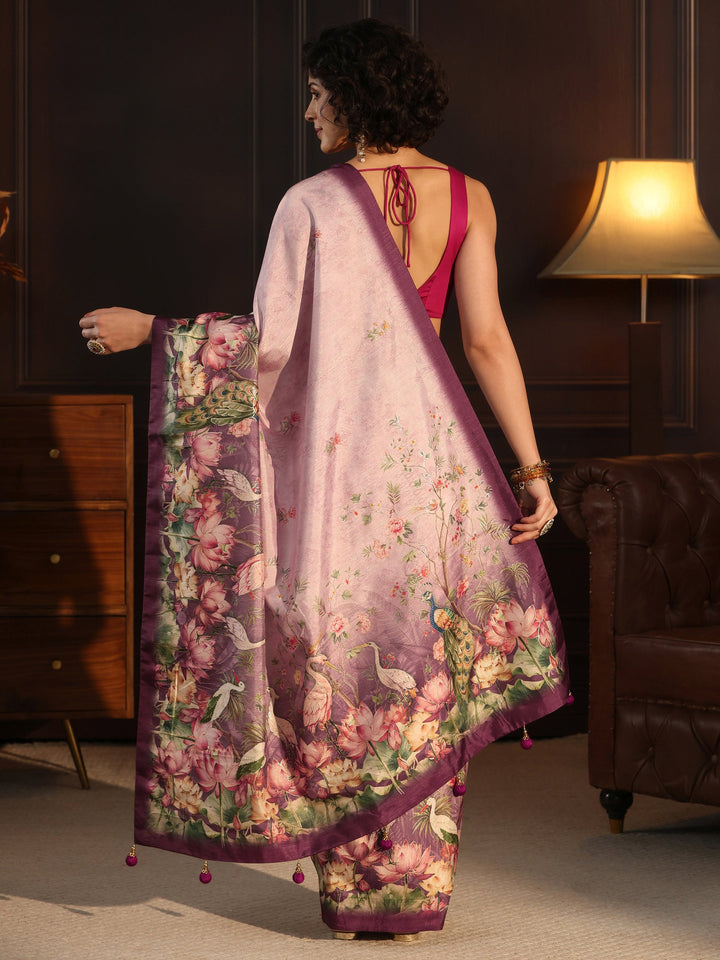 Libas Purple Botanical Printed Silk Blend Saree