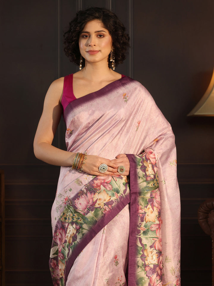 Libas Purple Botanical Printed Silk Blend Saree