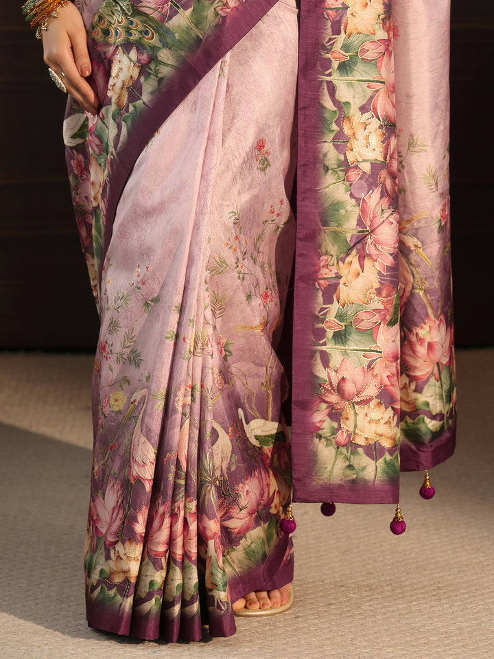 Libas Purple Botanical Printed Silk Blend Saree