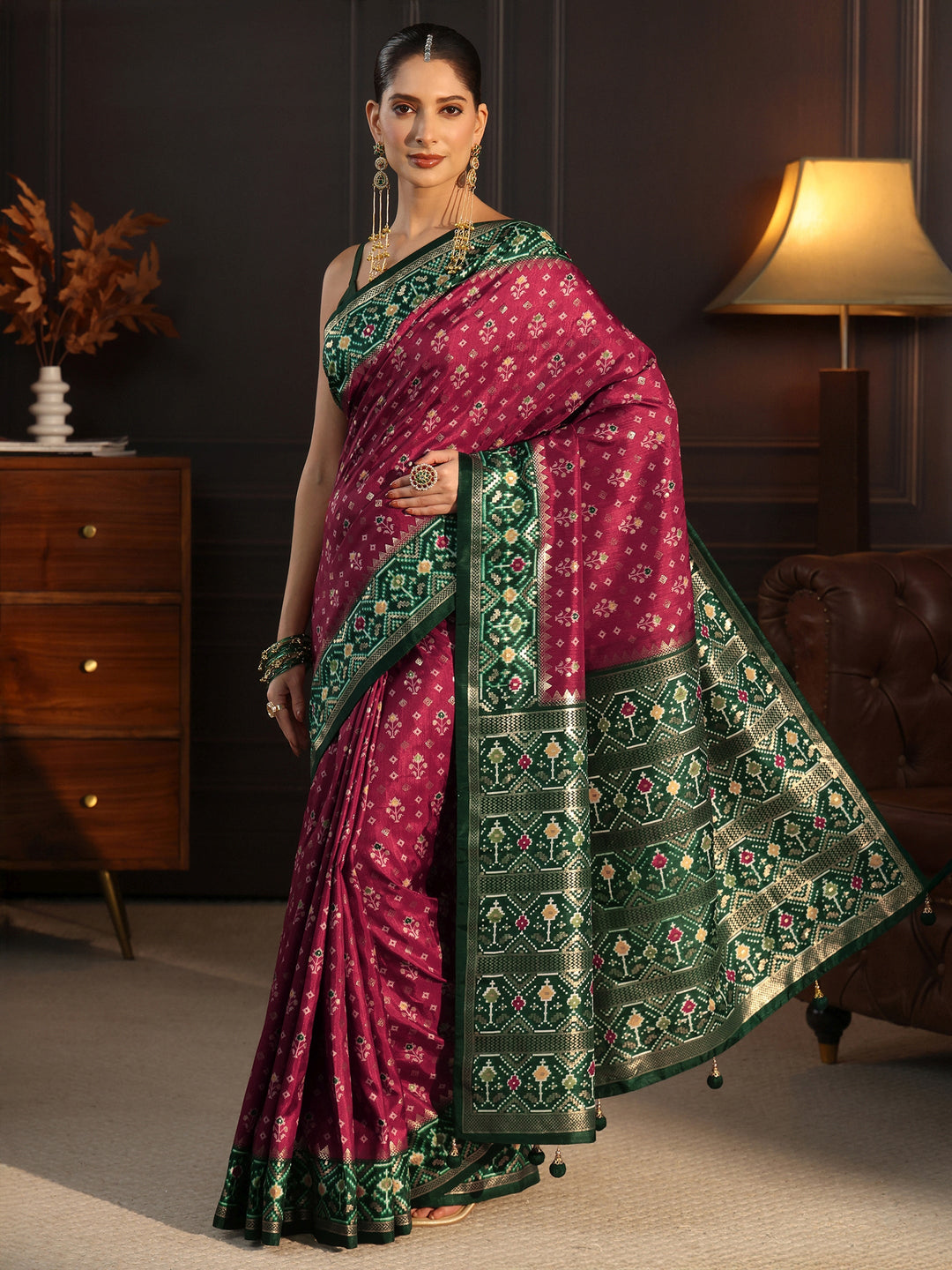 Libas Maroon and Green Pochampally Ikat Silk Blend Saree