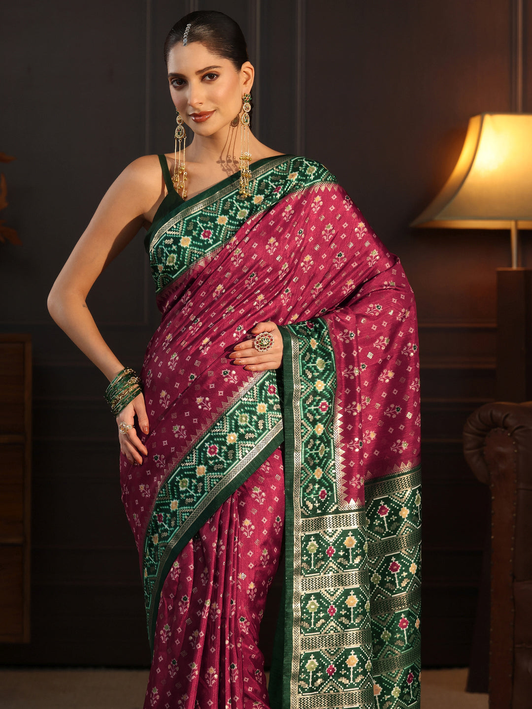 Libas Maroon and Green Pochampally Ikat Silk Blend Saree