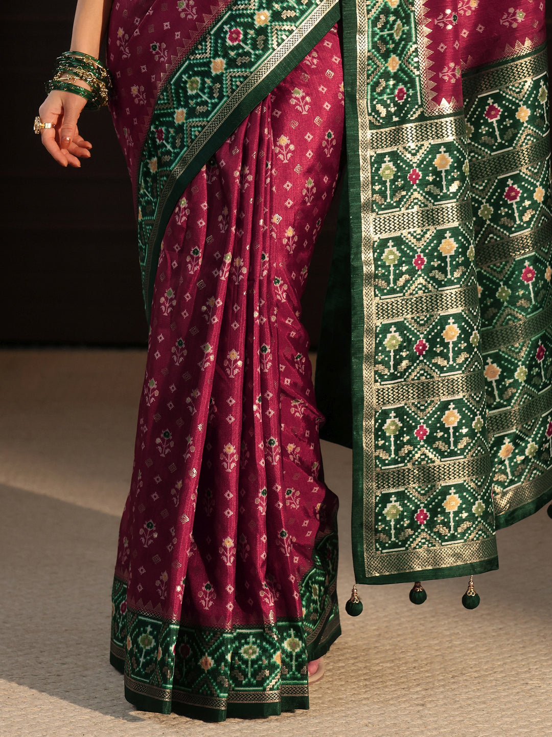 Libas Maroon and Green Pochampally Ikat Silk Blend Saree