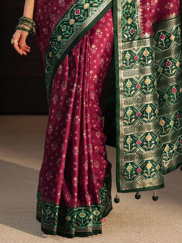 Libas Maroon and Green Pochampally Ikat Silk Blend Saree