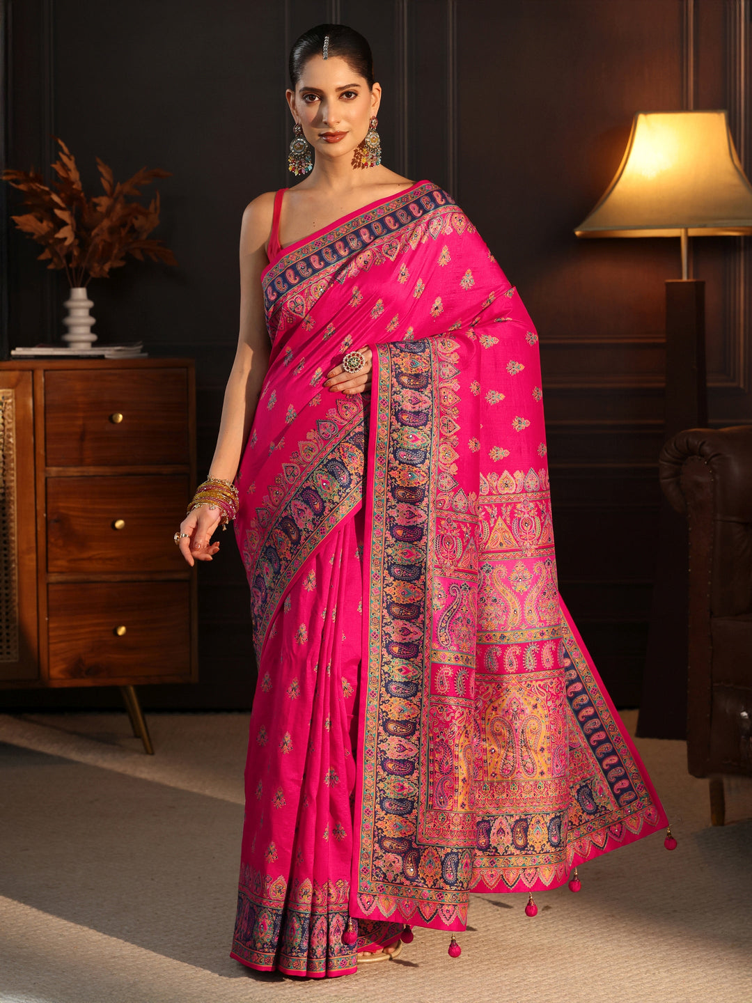 Libas Art Rani Pink Ethnic Printed Silk Blend Saree with Mirror Work