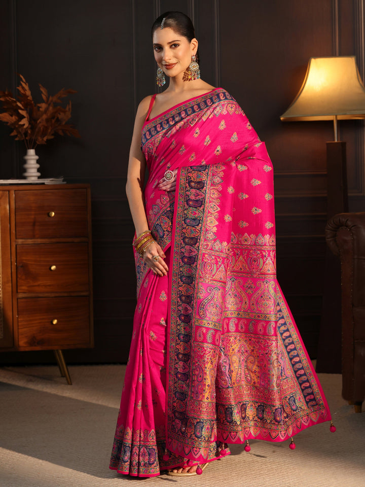 Libas Art Rani Pink Ethnic Printed Silk Blend Saree with Mirror Work