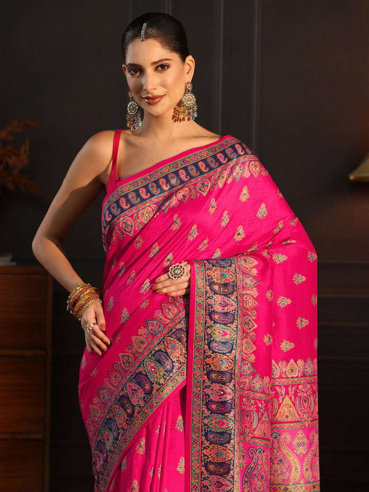 Libas Art Rani Pink Ethnic Printed Silk Blend Saree with Mirror Work