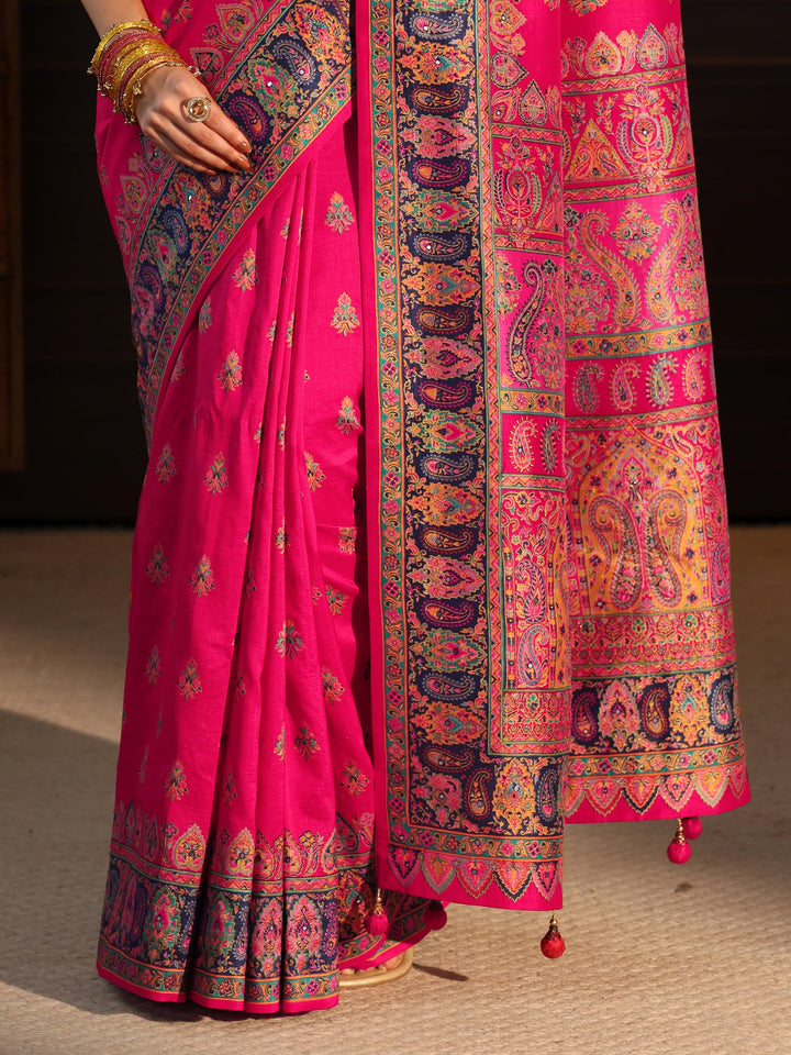 Libas Art Rani Pink Ethnic Printed Silk Blend Saree with Mirror Work