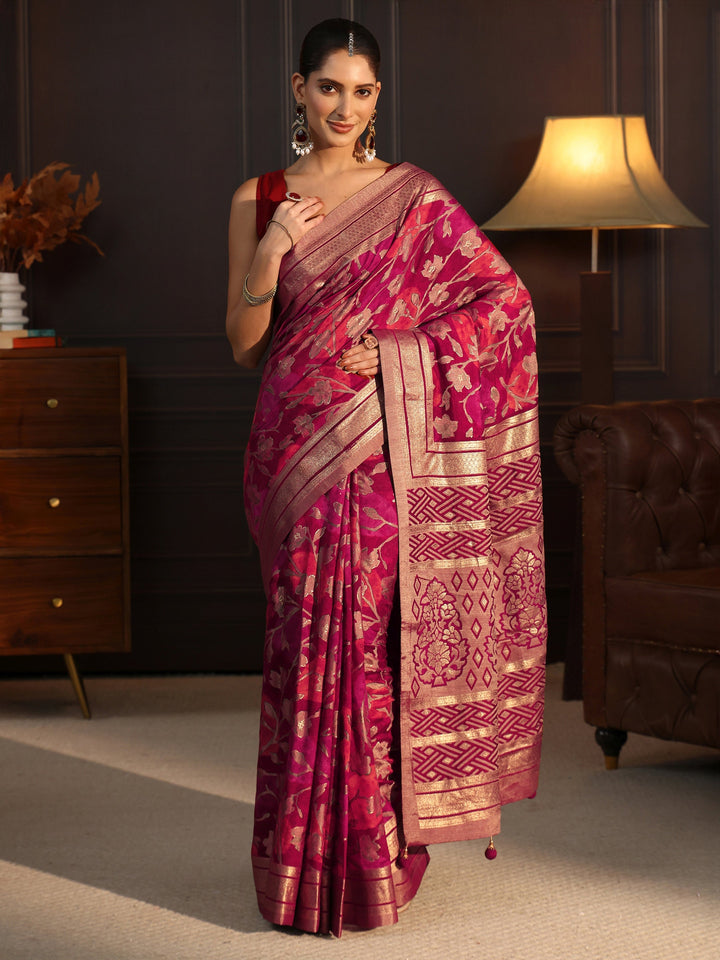 Libas Maroon Floral Woven Design Silk Blend Saree