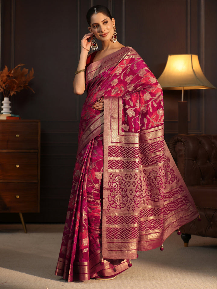 Libas Maroon Floral Woven Design Silk Blend Saree