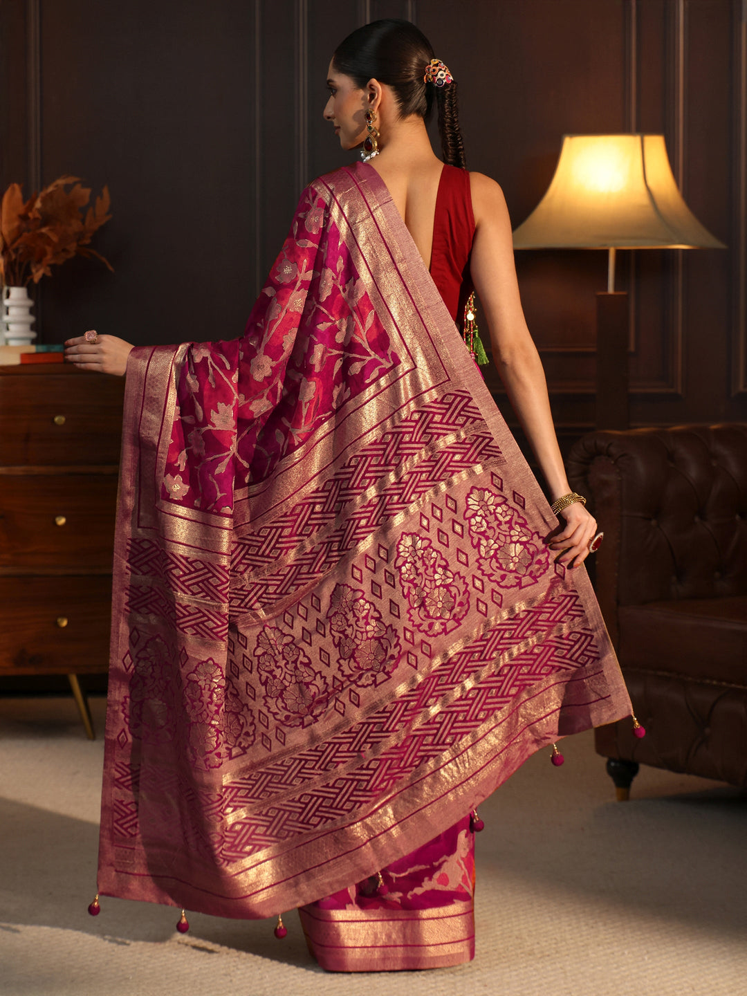 Libas Maroon Floral Woven Design Silk Blend Saree