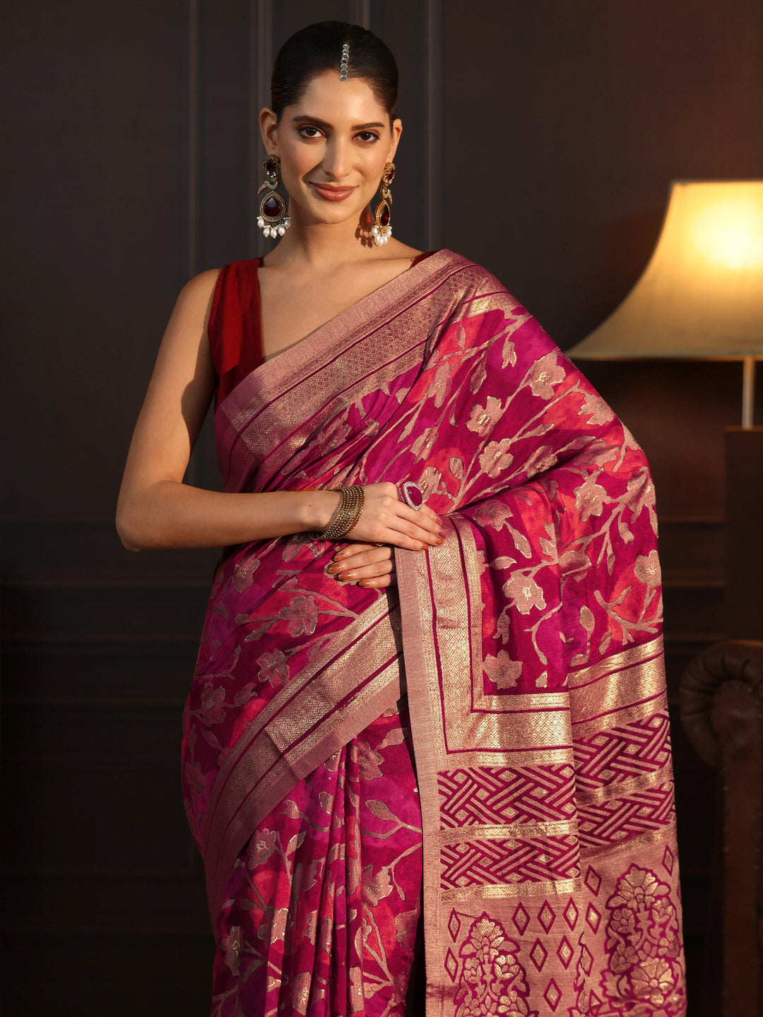 Libas Maroon Floral Woven Design Silk Blend Saree