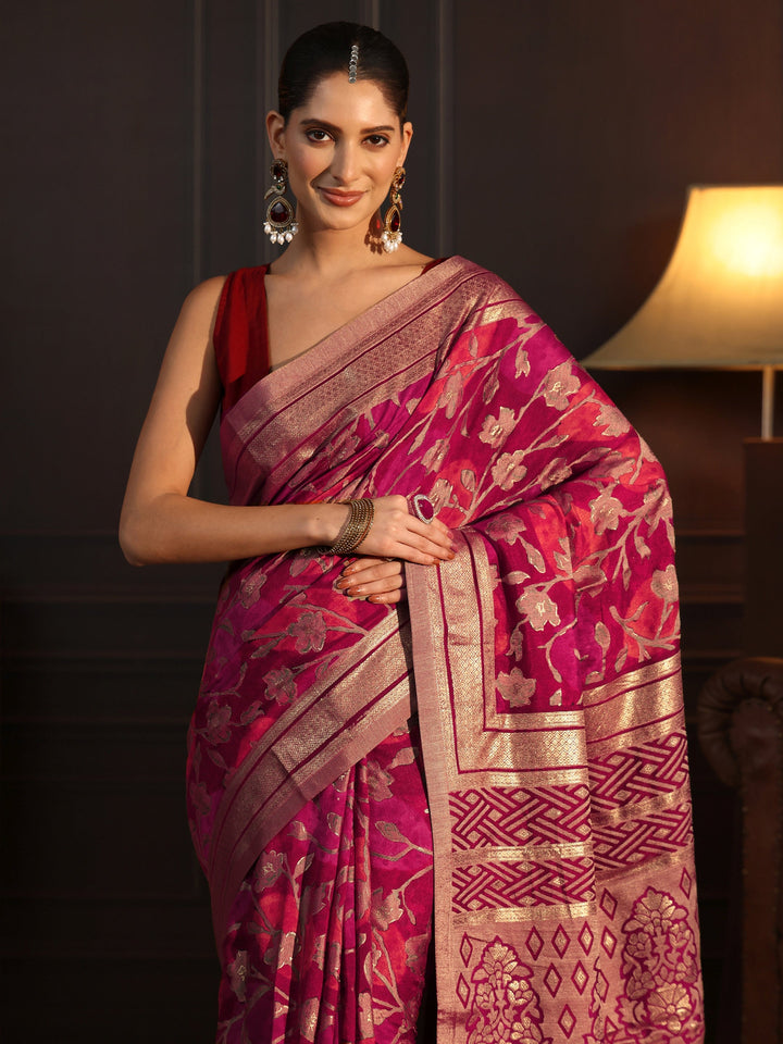 Libas Maroon Floral Woven Design Silk Blend Saree