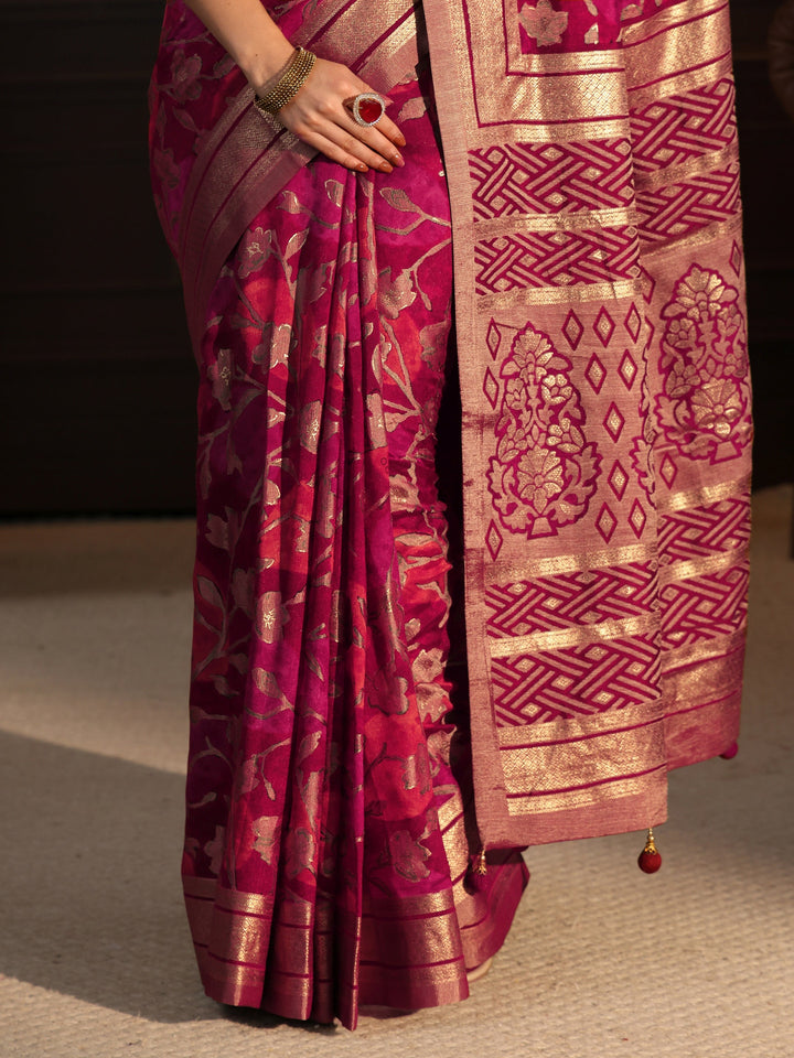 Libas Maroon Floral Woven Design Silk Blend Saree
