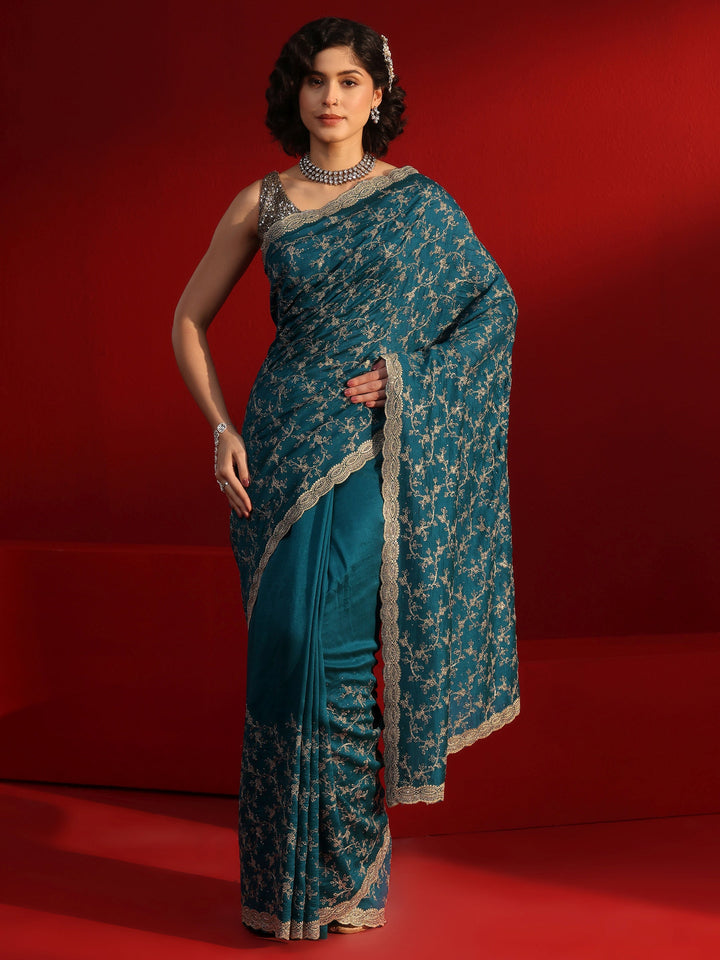 Libas Blue Floral Embroidered Silk Blend Saree with Embellished Border