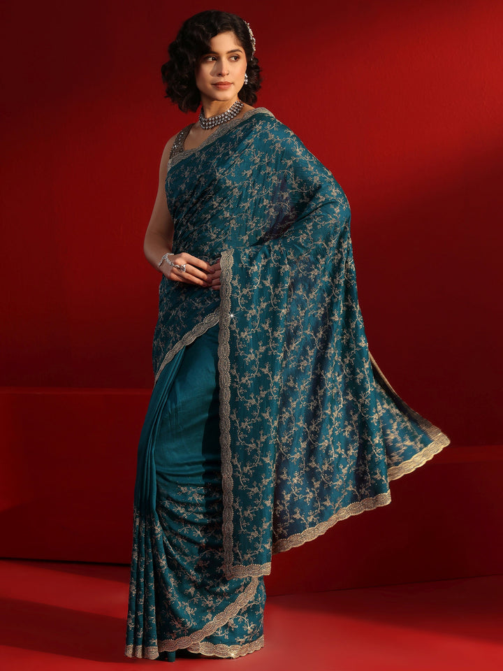 Libas Blue Floral Embroidered Silk Blend Saree with Embellished Border