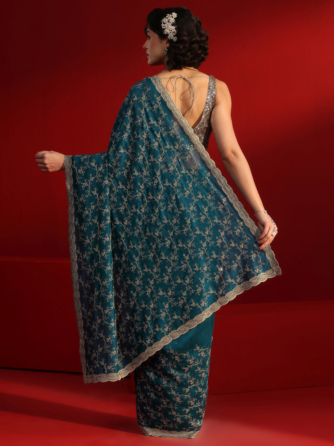 Libas Blue Floral Embroidered Silk Blend Saree with Embellished Border
