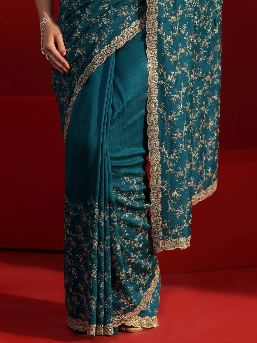 Libas Blue Floral Embroidered Silk Blend Saree with Embellished Border