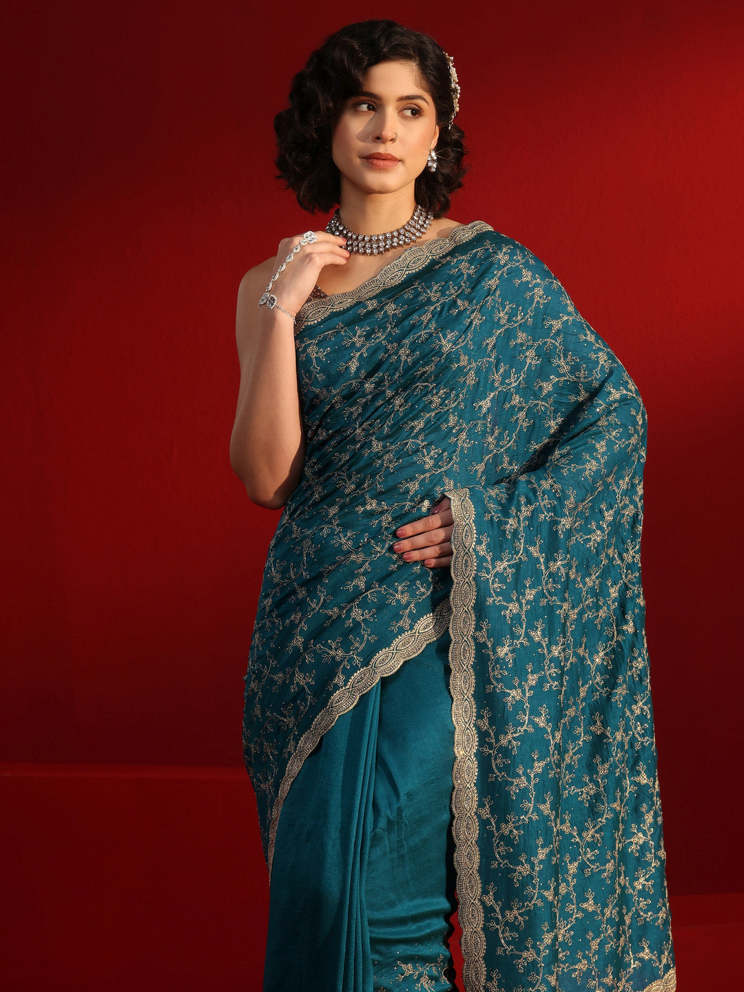 Libas Blue Floral Embroidered Silk Blend Saree with Embellished Border